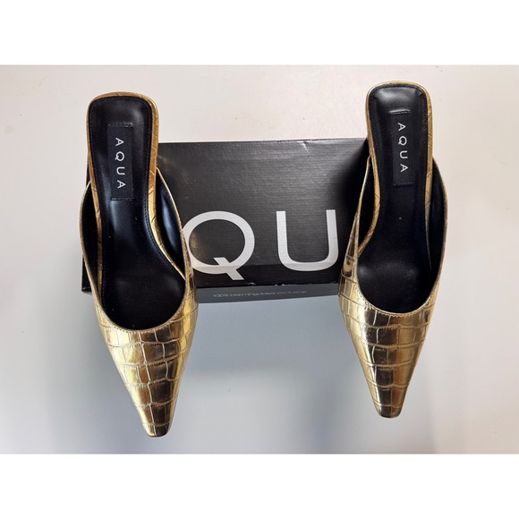 AQUA Women Gold Croc Embossed Pointed Toe Kitten Heel Mules Size 6 - Picture 3 of 7